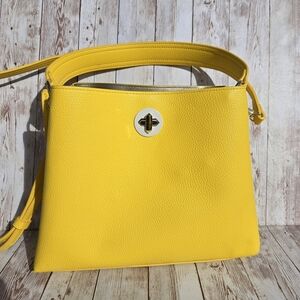 Bright Yellow Pebbled Crossbody Bag Gold Twist Lock Adjustable Strap Handbag